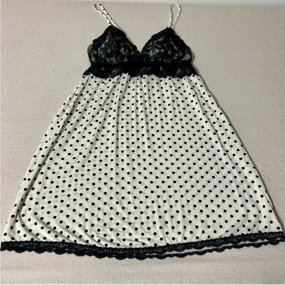 Victoria’s Secret Babydoll Nightie Medium Off-White & Black Polka Dot Lace Trim - Picture 6 of 12